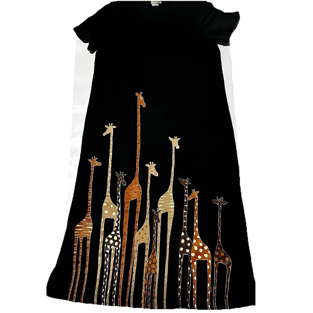 CITE Cotton Short Sleeve Black Maxi Dress Giraffe Animal Safari Small VNTG 90s